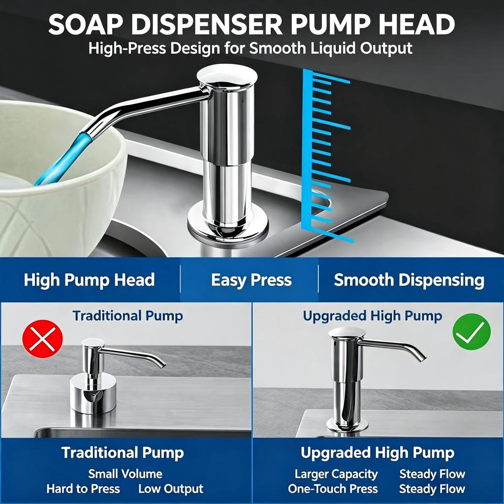 Kitchen Sink Soap Dispenser with Tall Pump Head and Extension Tube, Countertop Liquid Dish Soap Dispenser Push Down Pump