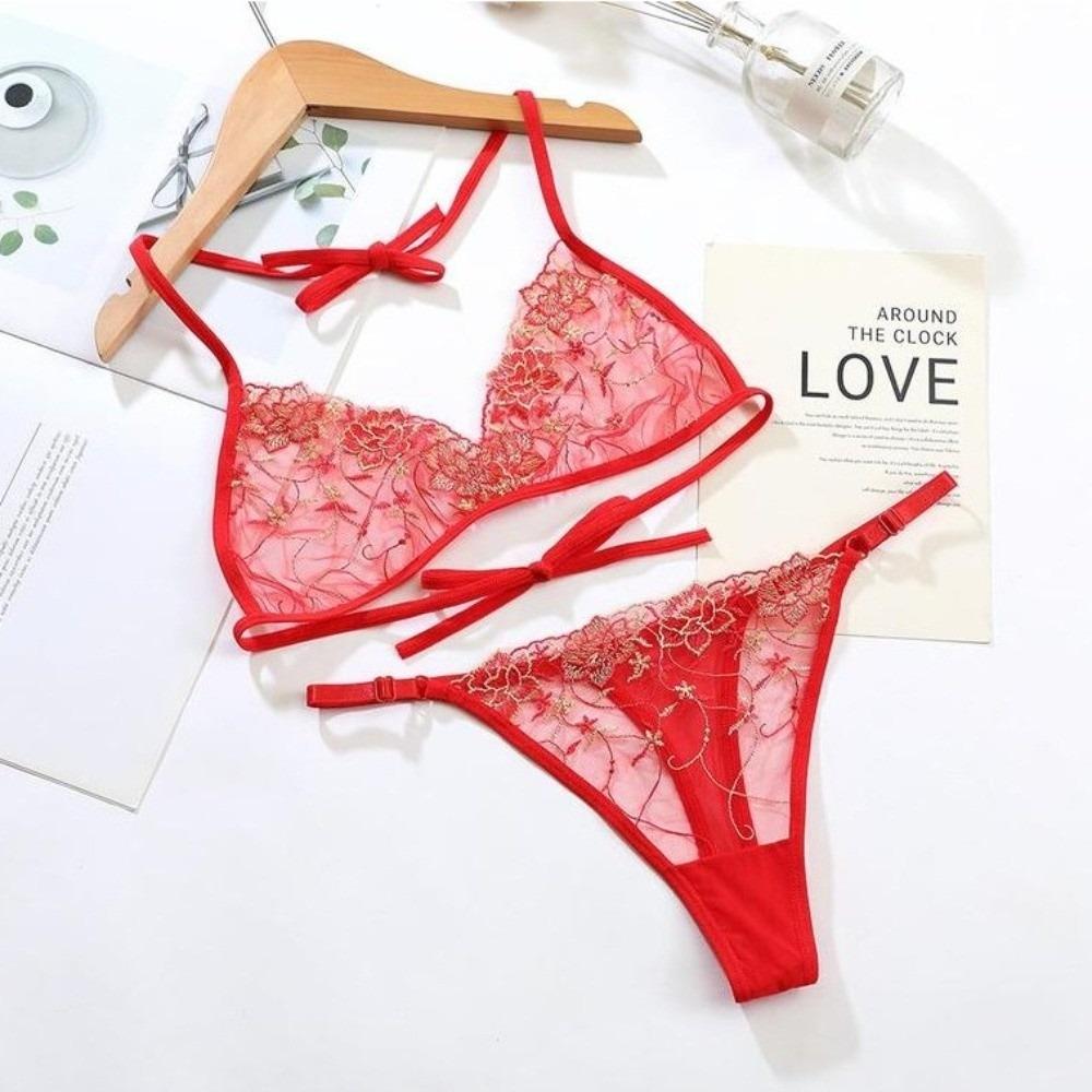 Thin Belt Thong Sheer Flower Thong Bra Set Embroidery Underwear for Women Romantic Night