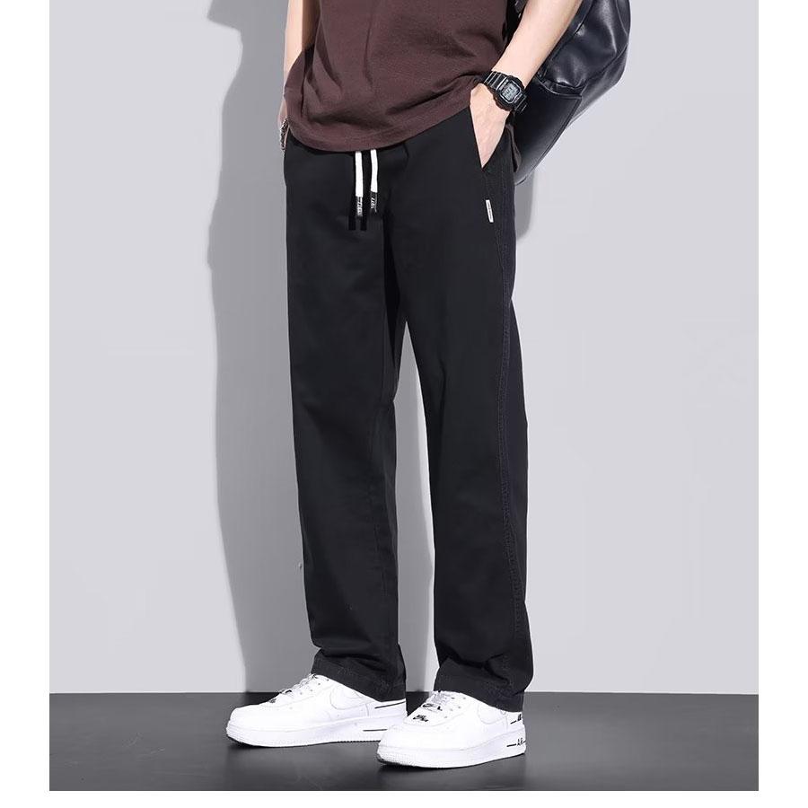 

100% Cotton Straight Casual Pants Men Work Wide Leg Brown Long Cargo Trousers Loose Drawstring Sweatpants Male L чорний