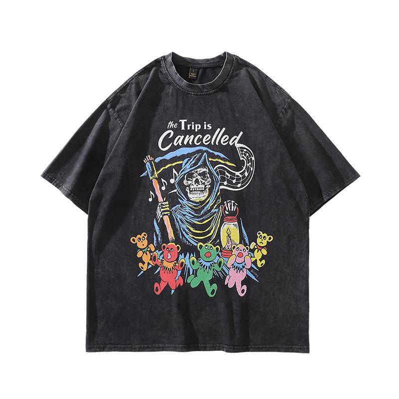 American Retro Hiphop Direct Injection Printing Heavy Vintage Washed Old Hip Hop Trendy Brand Short-Sleeved T-Shirt