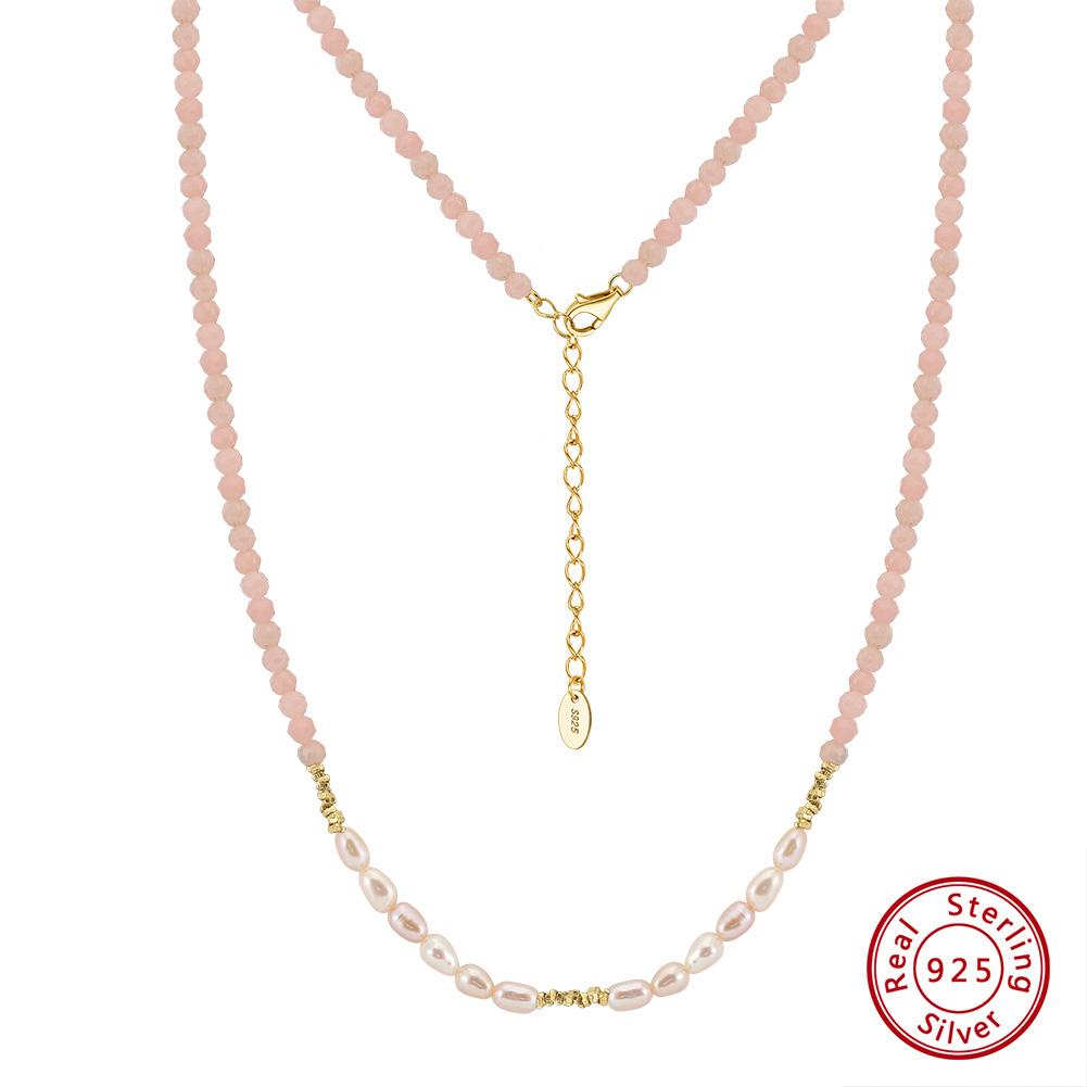 

EFFIE QUEEN 925 Sterling Silver 14K Gold Choker Necklace Natural Freshwater Pearl With Pink Opal Natural Stone Series Gift MPN05
