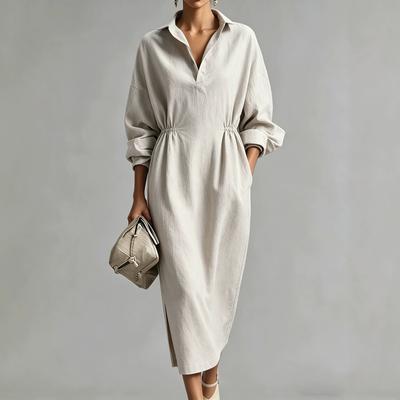 Vêtements pour femmes européens et américains Chemise-jupe en lin français col en V taille à cordon de serrage robe longue ample fendue