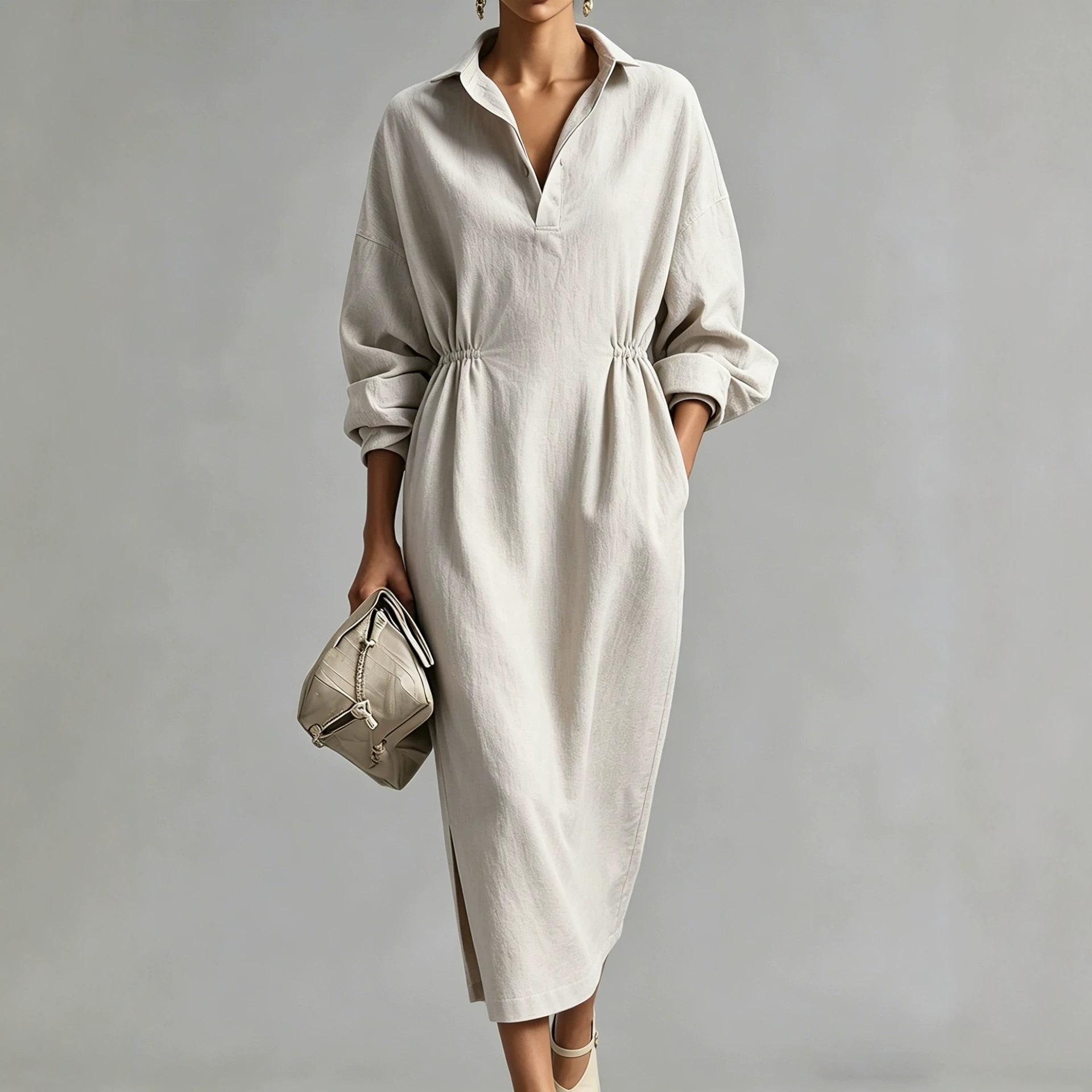 European and American women s clothing French linen V-neck shirt skirt drawstring waist loose long split dress S