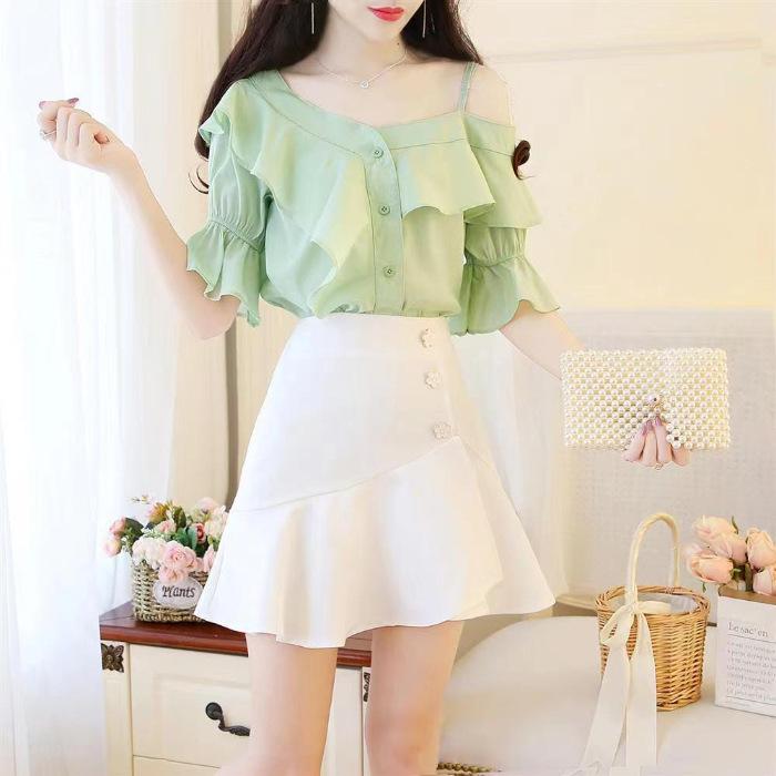 

(Can be a single piece) New sweet small fresh off-the-shoulder shirt skirt temperament foreign style two-piece suit skirt S