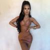 2024 Autumn European & American Style Women's Sexy Halter Neck Backless Slim PU Dress