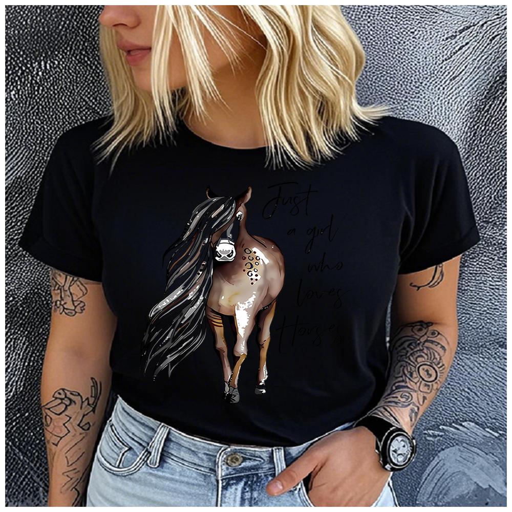 Unisex 100% Polyester Summer Top Just a Girl Who Loves Horses Print Loose Round Neck Short Sleeve Fashion for Lovers