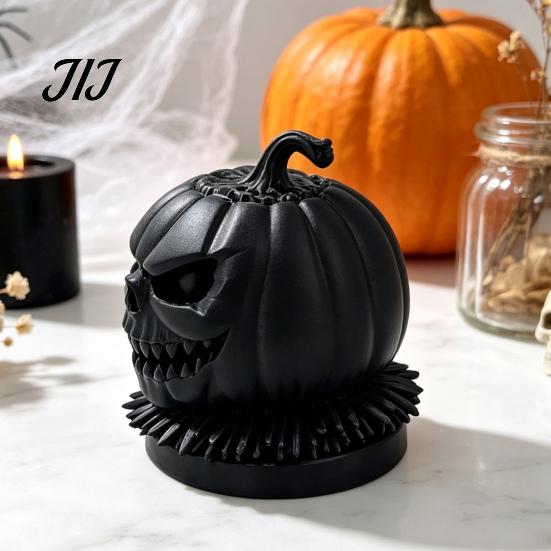 Dark Atmosphere Home Accents 3D Printed Evil Pumpkin Head Figurine with Ruffled Collar, Gothic Artistic Desktop Holiday Gifts Jack O Lantern