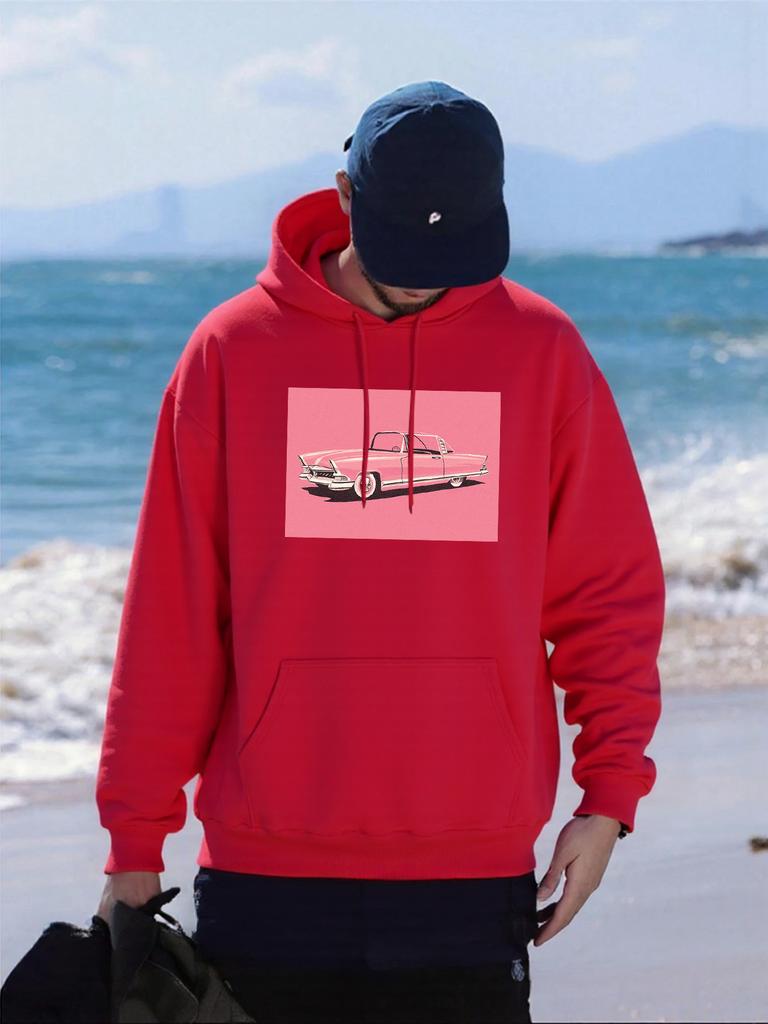 Pink Personality Car Printing Men Hoodie Hip Hop Loose Hoody Autumn Fleece Unisex Hoodies Pocket All-Match Man Sportswear