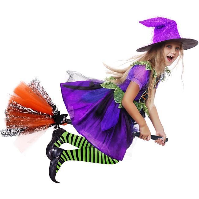 Halloween Witch Broomstick Cosplay Broom Props Realistic Wizard Flying Broom Stick Accessory for Costumes Orange