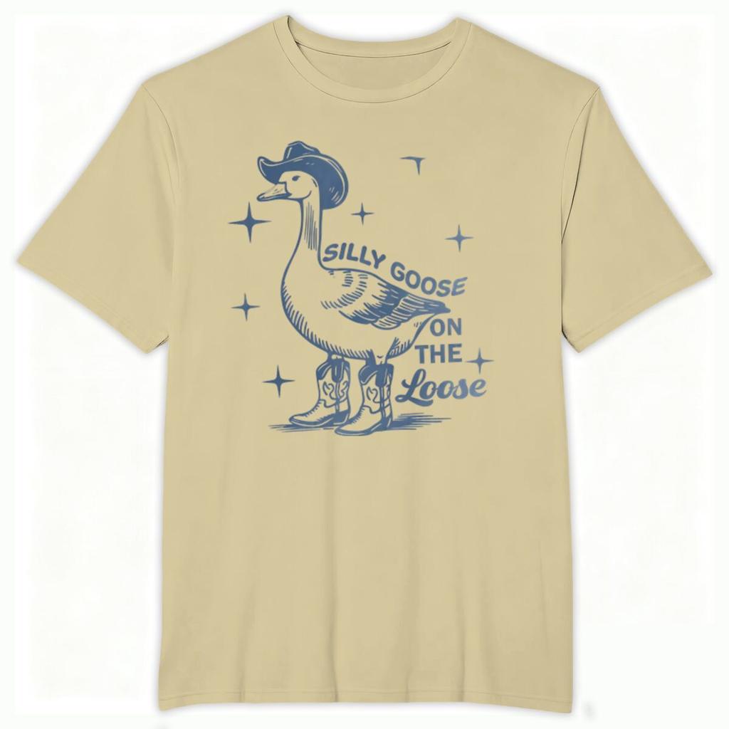 Funny Western Goose Printed Tshirt Silly Goose On The Loose Print Tshirt Crew Neck Animal Cowboy Goose Graphic T Shirt