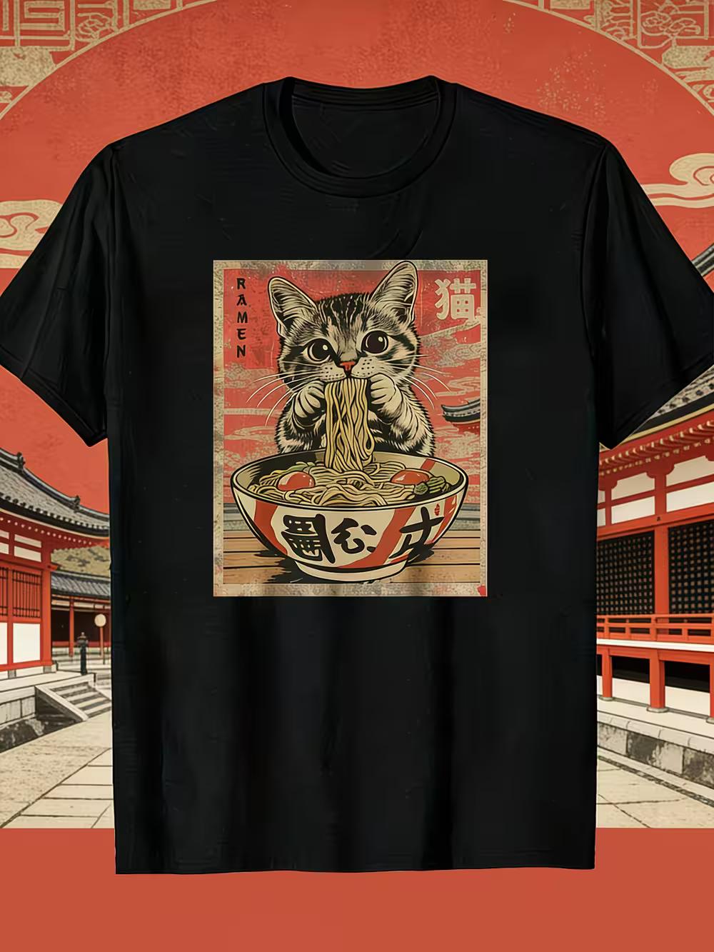 A Cartoon T-Shirt Featuring an Adorable Cat And Lamian Noodles L