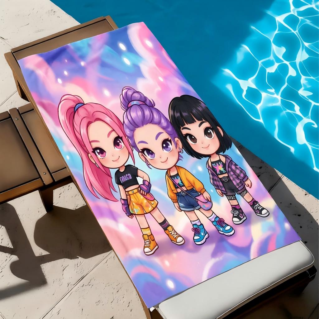 Kawaii Chibi Anime K-pop Girl Beach Towel Purple Galaxy Printed Microfiber Poncho Soft Absorbent Towel for Kids Adults Beach