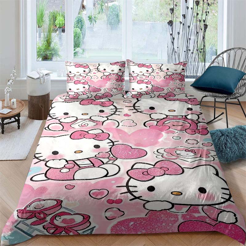 

3D printed Hello Kitty duvet cover and pillowcase bedding set, available for single, double, and king-size beds, suitable for 135x200cm
