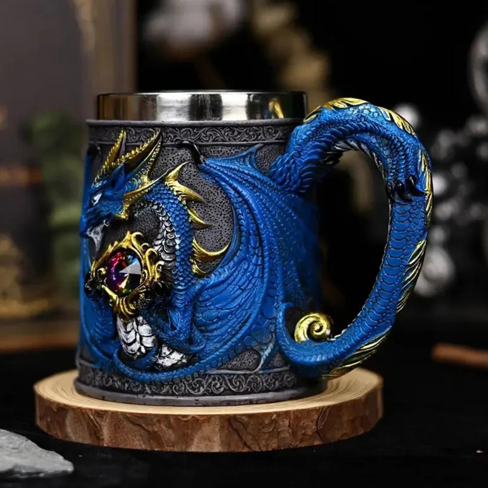 Unique Dragon Wine Tumbler Mythical Dragon Drinkware Dragon Resin Stainless Steel Beer Mug 600ml Retro Tankard for Fantasy