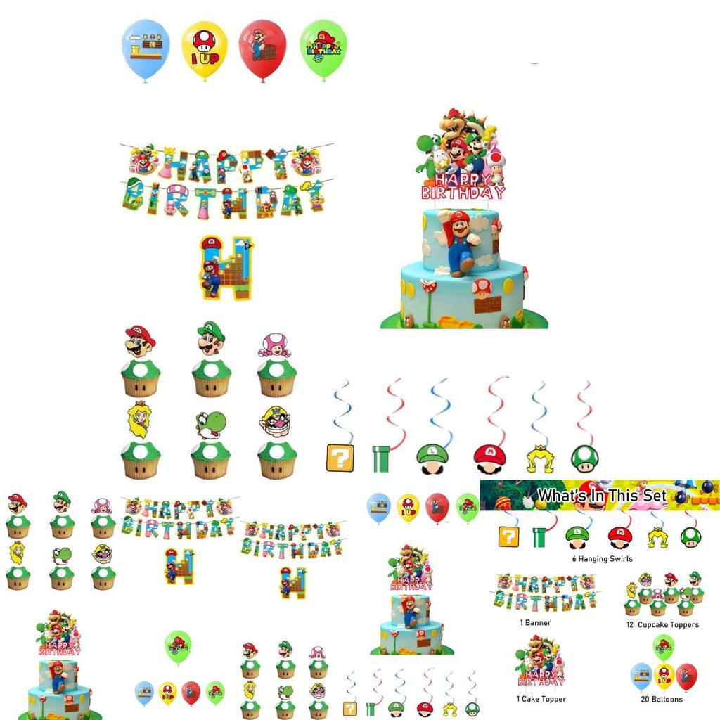 Mario Theme Party Decorations Set Flags, Cake Toppers, Balloons, And Spirals For An Amazing Party Atmosphere!