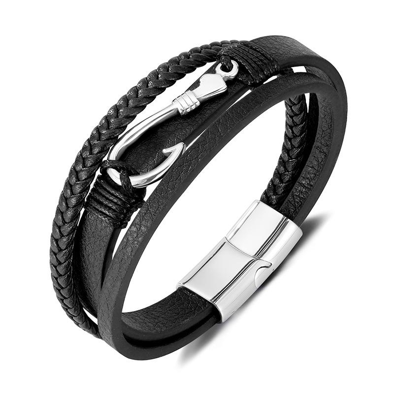 Black Leather Rope Cowhide Men's Double Layer, Genuine Leather Woven Bracelet Handmade Multilayer Leather Bracelet