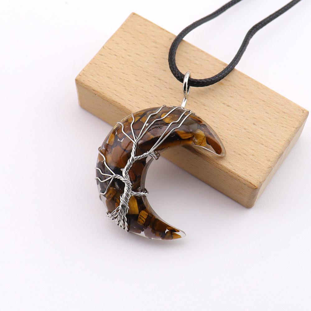 Chakela Natural Crystal Resin Tree of Life Crescent Moon Pendant Necklace N755