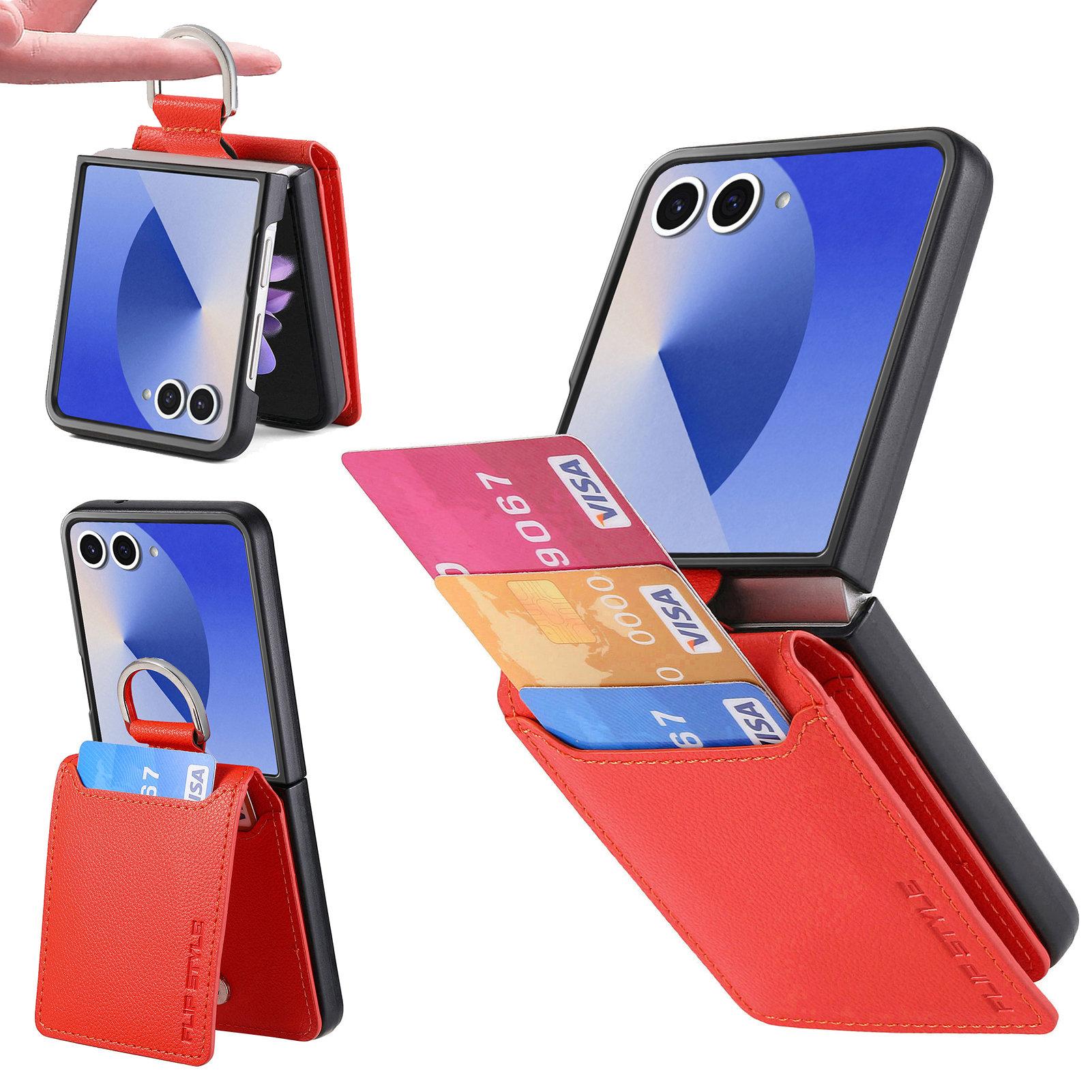 

For Samsung Galaxy Z Flip7 5G Case Card Holder Kickstand PU+PC Phone Cover with Finger Ring Orange
