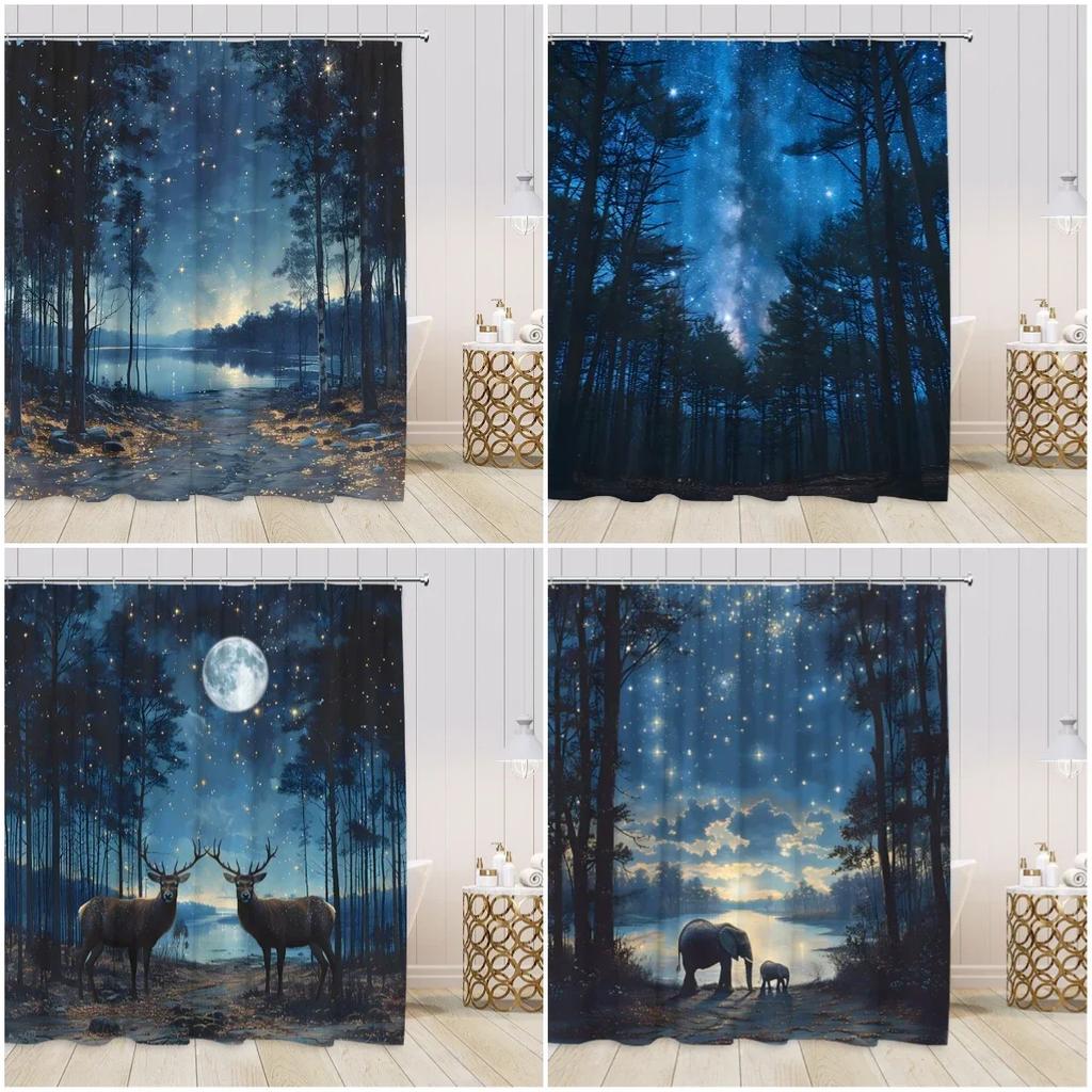 Starry Sky Night Forest View Shower Curtains Animals Fantasy Night View Pine Trees Bathroom Decorations Modern Bath Curtains