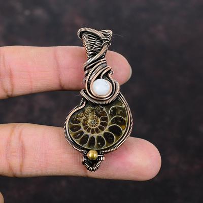 Ammonite Fossil Pendant Copper Wire Wrapped Pendant Handmade Rainbow Moonstone Pendant Copper Designer Jewelry Gift For Her Gemstone Pendant