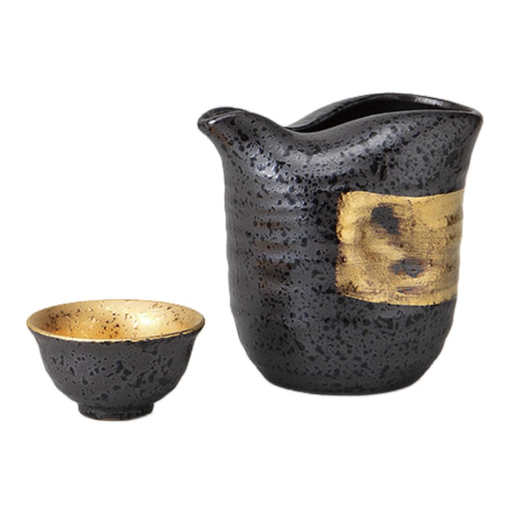 Sake Small Tokkuri Ochoko Black Crystal Gold Wrapped Cold Sake Mino Ware Perfect for Cold and Hot Made in Japan Ale-net Set, & Set, Set, Ceramic,