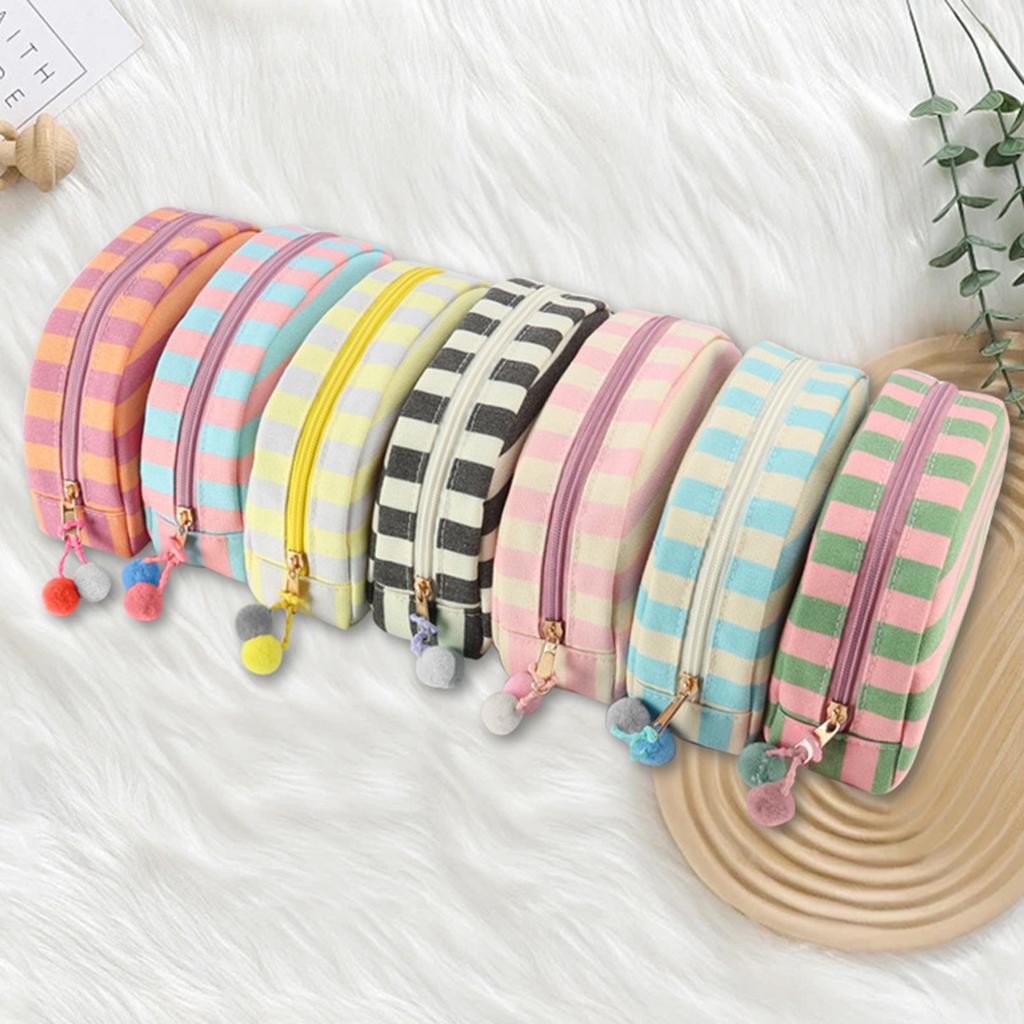 Canvas semi-circular storage bag with large capacity and striped shells for storing makeup bags