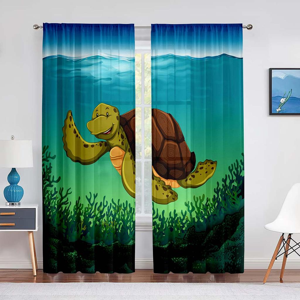 Cartoon Sea Turtle Tulle Curtains for Living Room Decoration Marine Animals Ink Blue Chiffon Sheer Voile Kitchen Bedroom Curtain