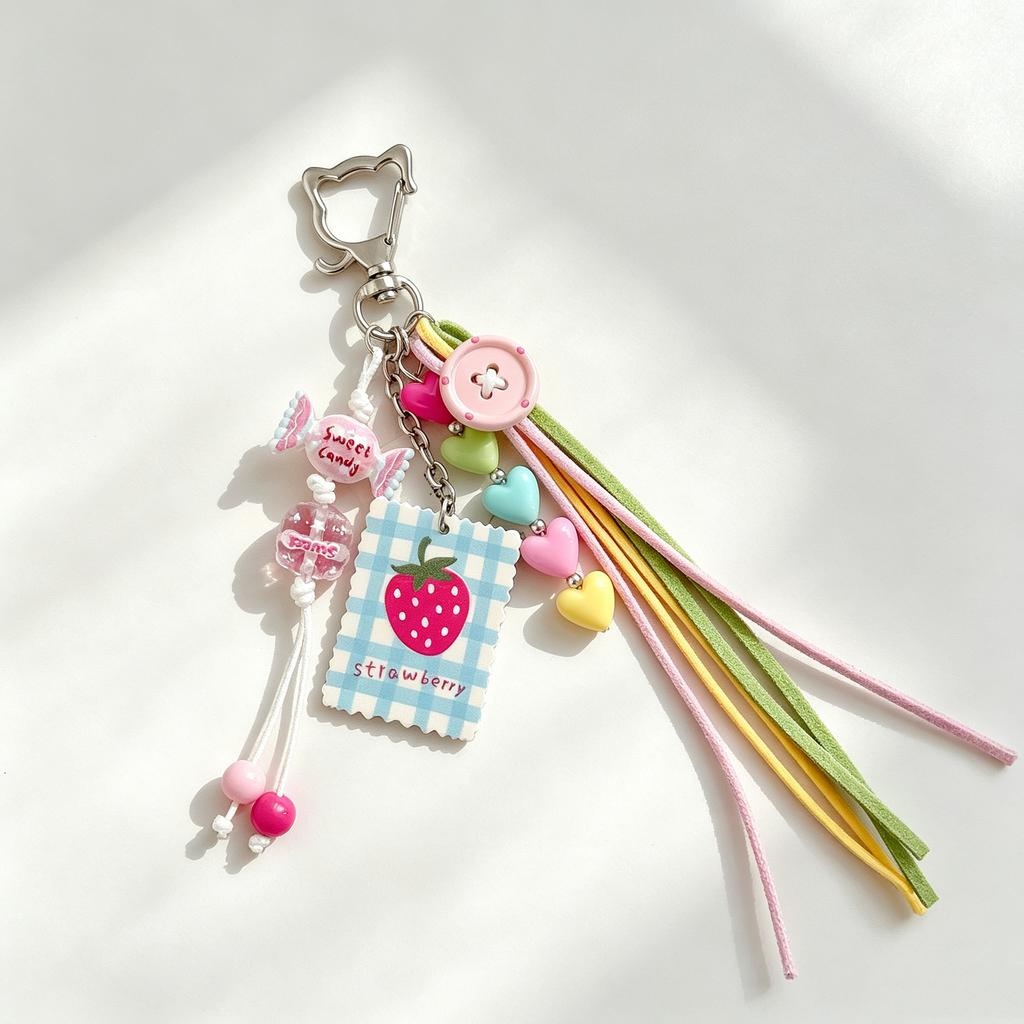 Cute Strawberry Print Card For Women Cat Shape Spring Clip Pastel Bead Candy Charm Colorful Accessories Bag Charm