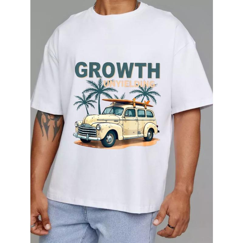 T-Shirt White Vintage Car with Surfboard and Palm Trees Growth Unyielding Print Casual Summer Wear