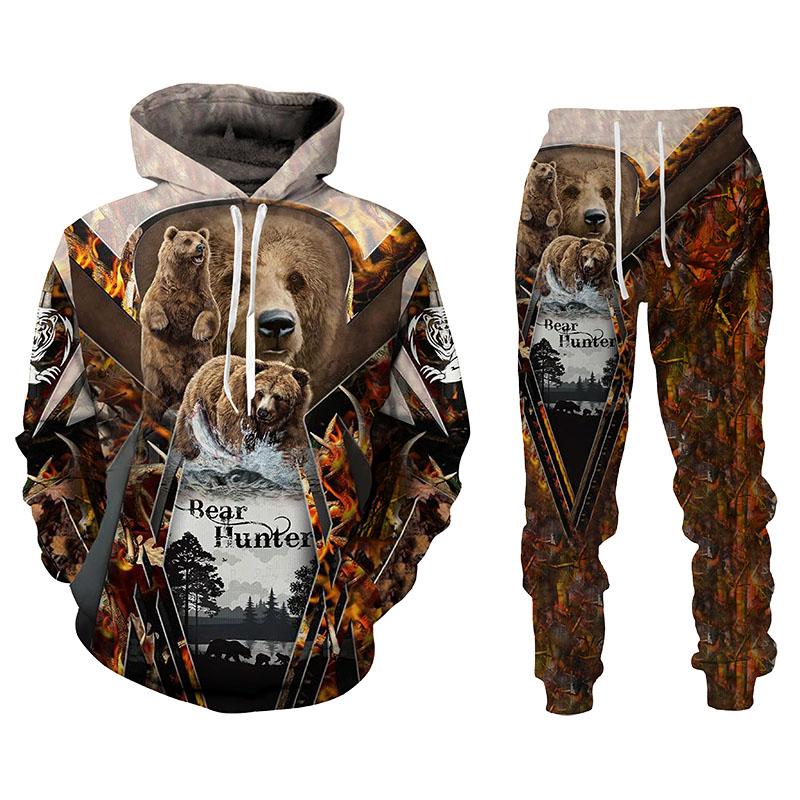 Herren Hoodie Sets Jagd Bär Bogenschütze Tarnung 3D-Druck Hoodies Trainingsanzug Jogginghose 2-teilige Sets Kleidung Übergroß
