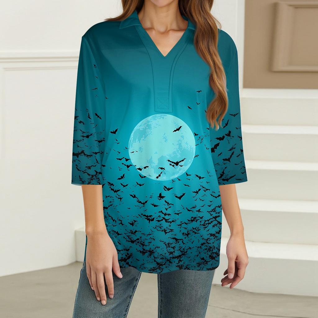 Damenmode Lässig Revers 3/4 Ärmel Halloween Print Hemd Damen V-Ausschnitt Oberteile
