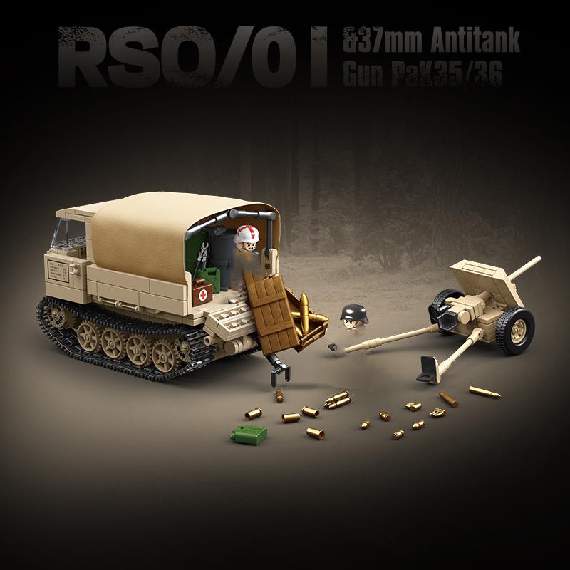 Military Tank WW2 German Army Building Block RSO/01 Track Tractor And 37mm Antitank Gun Pak35/36 Weapon Scale Model Figure Block Bricks Toys  Playsets