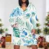 Women Plus Size V Neck Long Sleeve Tropical Leaf Printed Fitted Midi Dress