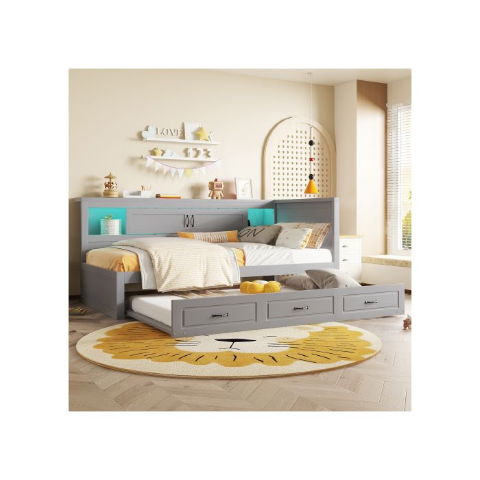 Canapé-lit - MUVOE - 90x200cm - Éclairage d'ambiance - Rangement intégré - Prise + USB