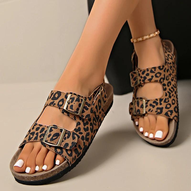 Fashion Fashion Bukcle Leopard Print Sandals Women 2025 Summer Back Strap Platform Sandles Woman Comfortable Plus Size Beach Sandalias