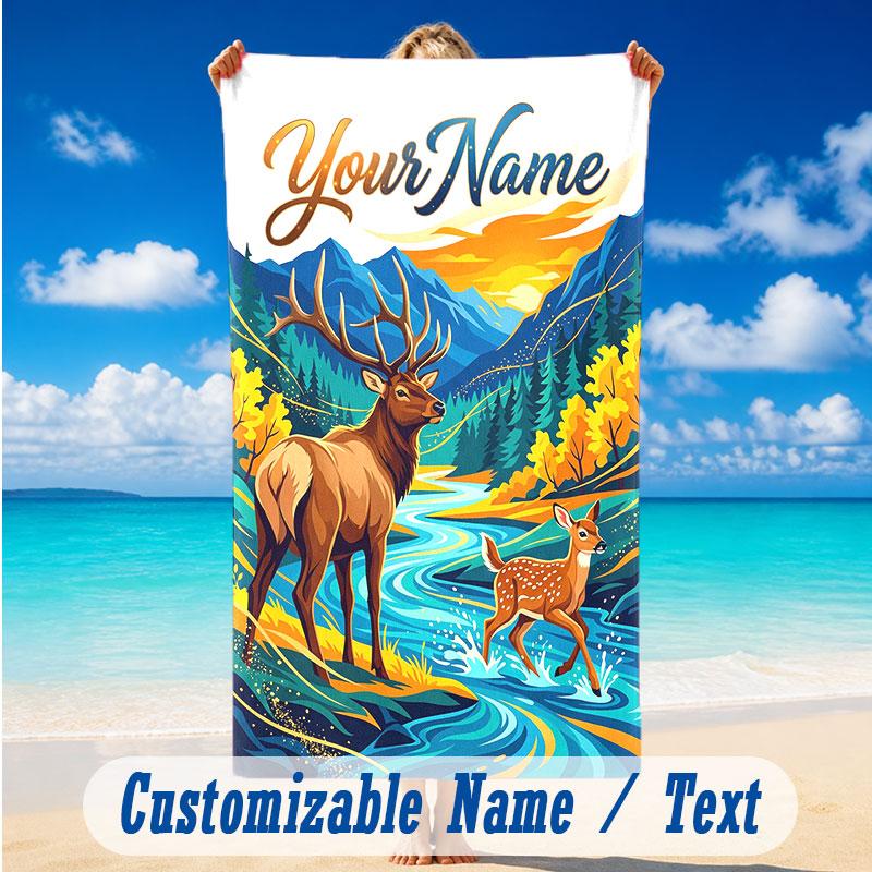 Deer Theme Beach Towel Personalized Custom Name & Text Soft Quick Dry Beach Towel for Swimming Travel
