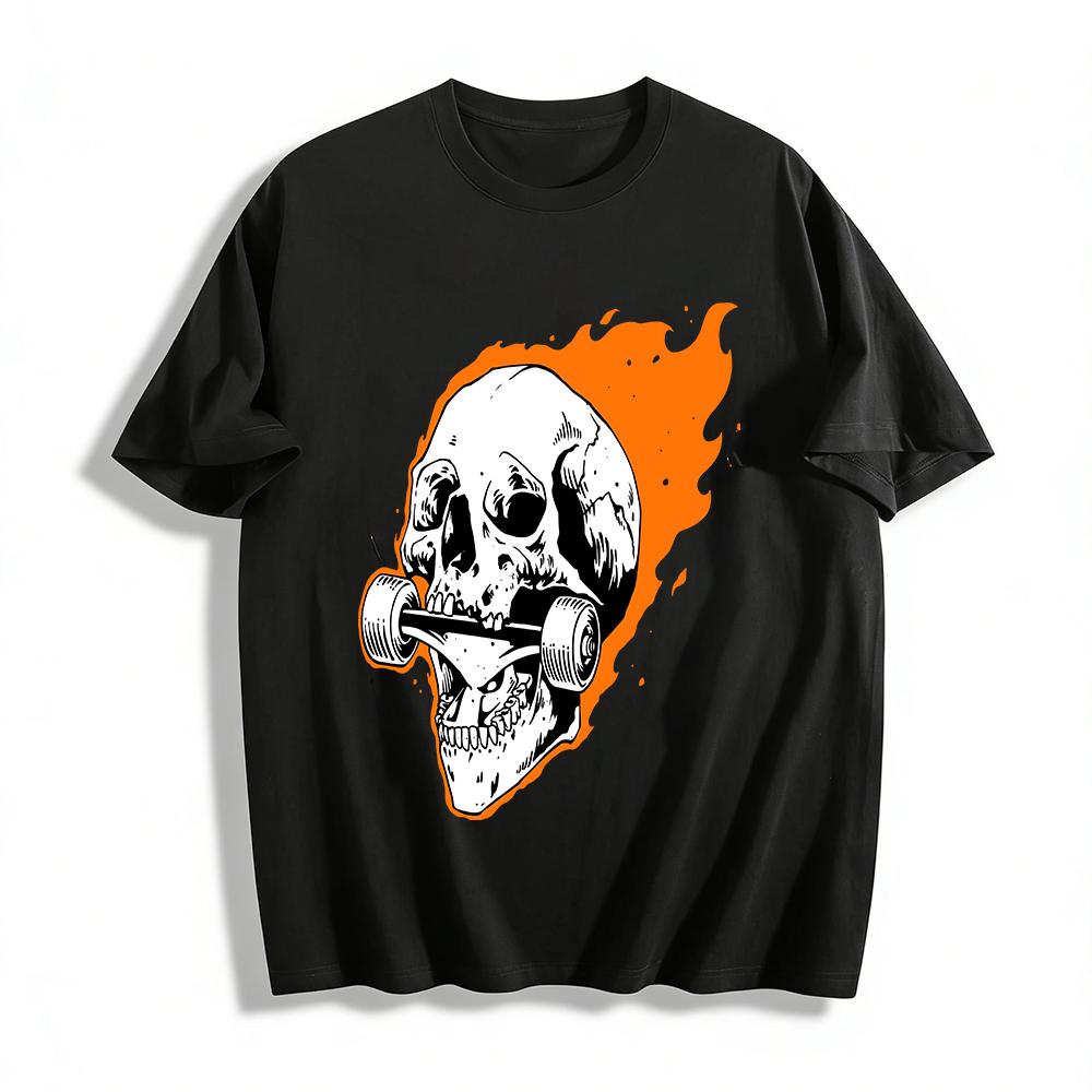 Flame Skull Biting Skateboard Street Style Cool Graphic Casual Top Pure cotton T-shirt XXS