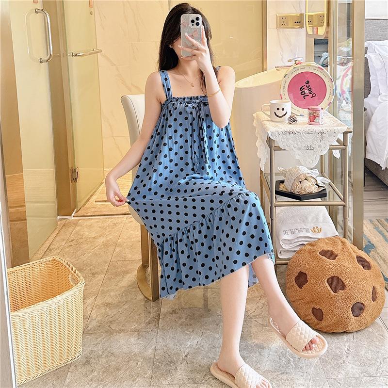 Cotton Nightdress Women'S Summer Thin Pajamasspring And Autumn Cotton Korean Cute Casual Print Dress Loungewear
