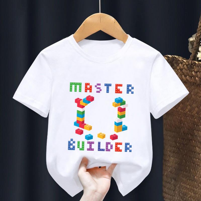 Master Builder Blocks Building Print Cartoon Kids T Shirt Girls Summer Tops Baby Boys Clothes Children Short Sleeve T-shirts