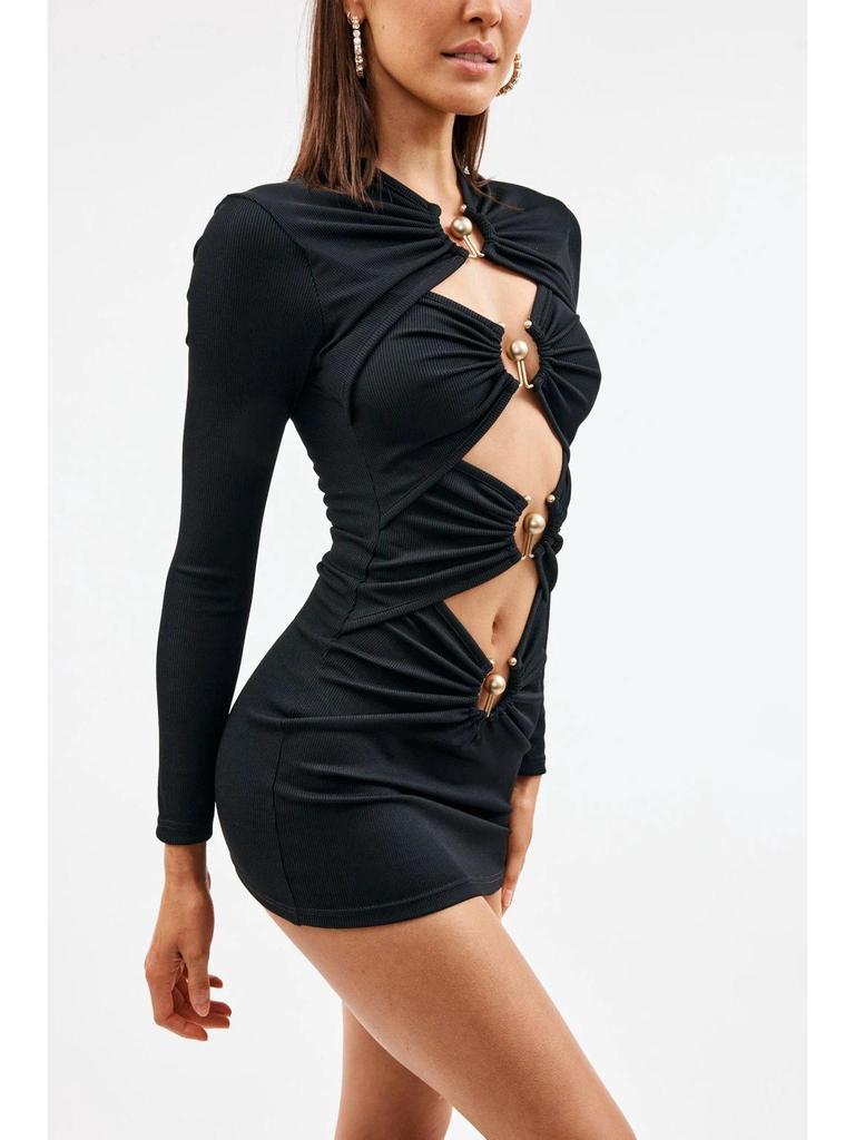 2023 Evropský a Americký Styl Dutý Design Crop Top Obvazové Šaty - Dlouhý Rukáv Bodycon Večerní Šaty pro Ženy