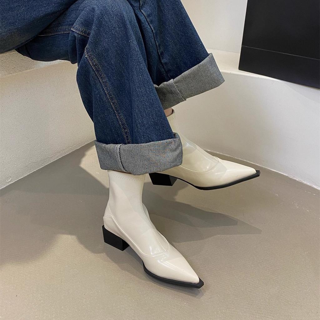 Thick Heel Pointed White Thin Boots Small Short Boots Women's Shoes 2025 New Spring, Autumn and Winter Versatile Korean Small Ankle Boots