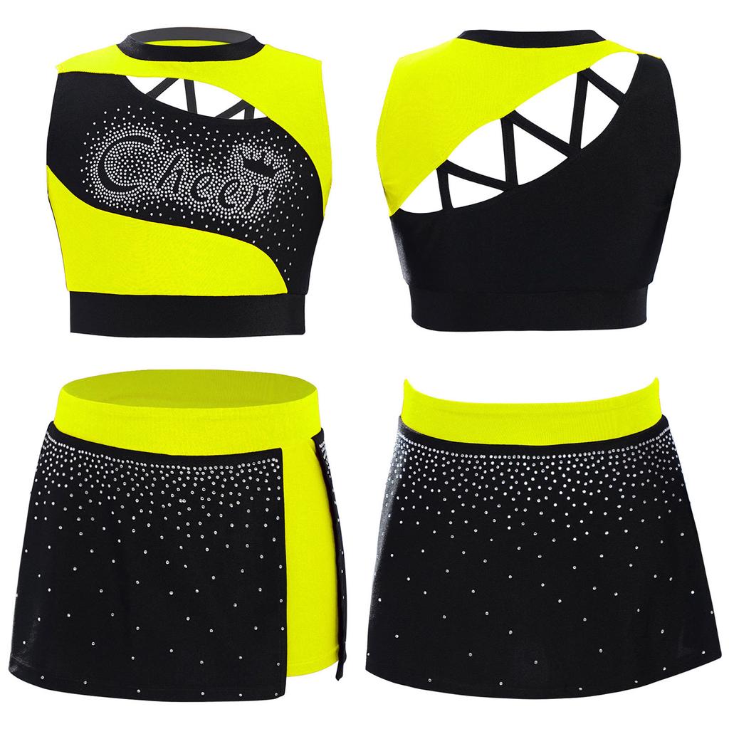 Kids Girls Cheerleading Dance Outfit Set Sleeveless Rhinestone Crop Top & High Slit Skirt for Cheer Competition, Stage Performance, Party Costume