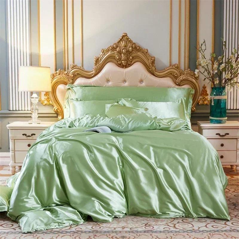 Solid Color Luxury Imitation Silk Duvet Cover Set Soft Breathable Quilt Cover and Pillowcases Hotel Style Smooth Satin Bed Set
