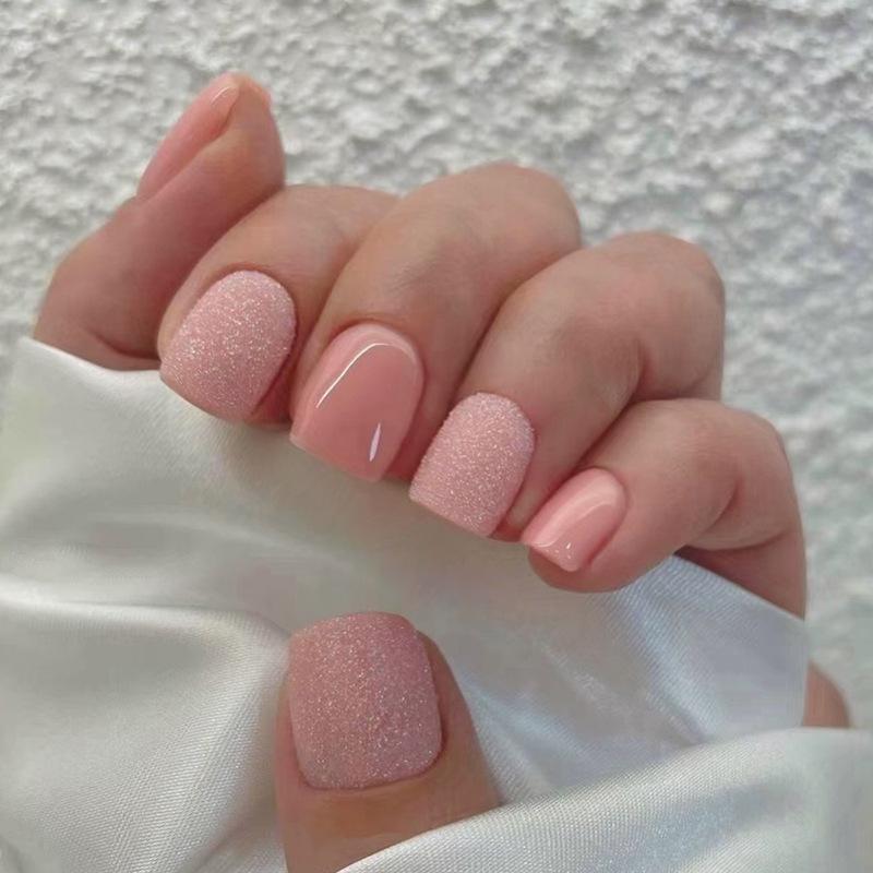24Pcs Short French Press On Nails Pink Glitter Pearlized Fake Nail Tips Cute Natural Sweet