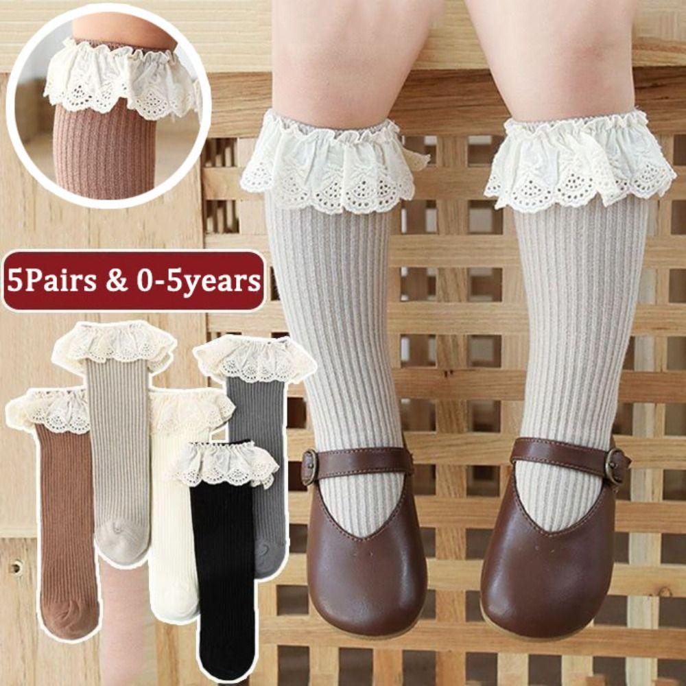 5Pairs Lace Trim Infant Cotton Stockings Ruffled Edge Cartoon Above Knee Socks Kids