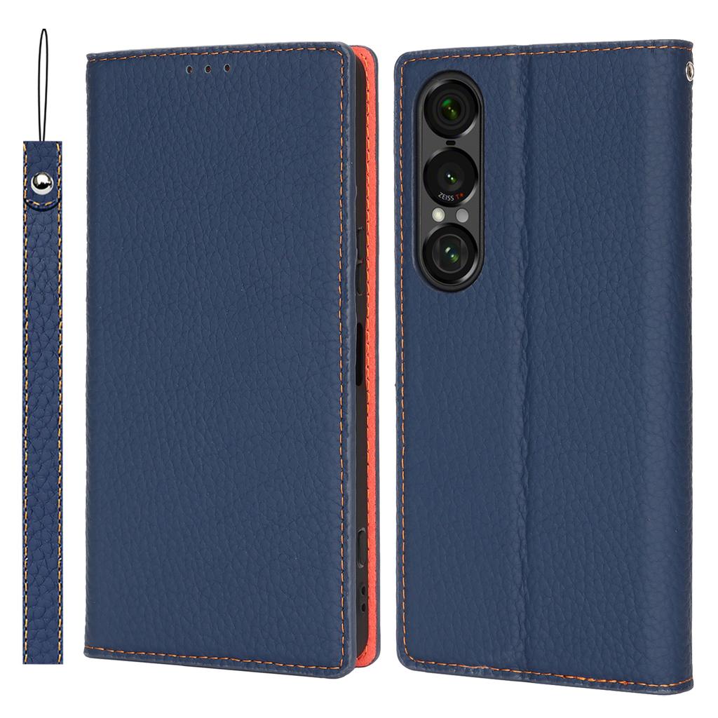 For Sony Xperia 1 VII Wallet Case Genuine Cow Leather Phone Cover Litchi Texture