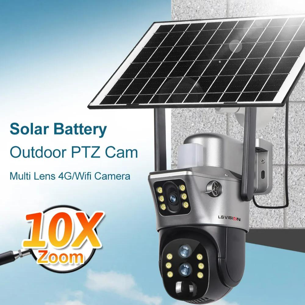 LS VISION 12MP 4G/WiFi Dual Screen Solar Camera Outdoor 10X Zoom 6K Three Lens Human Auto Tracking Surveillance Camera V380 Pro