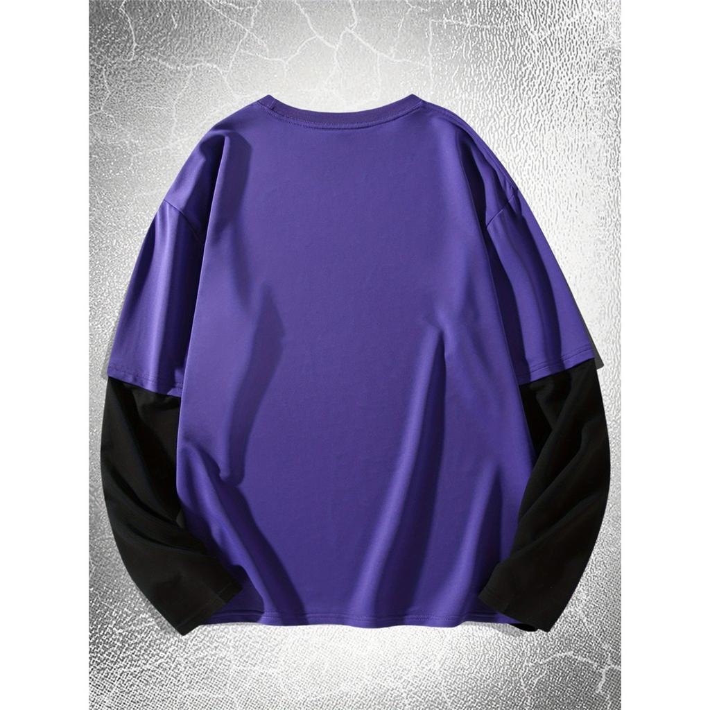 J1417 Yin-Yang Fish Print 2-in-1 Look Long Sleeve T-Shirt Men's High Street Comfort Streetwear Fashion Top