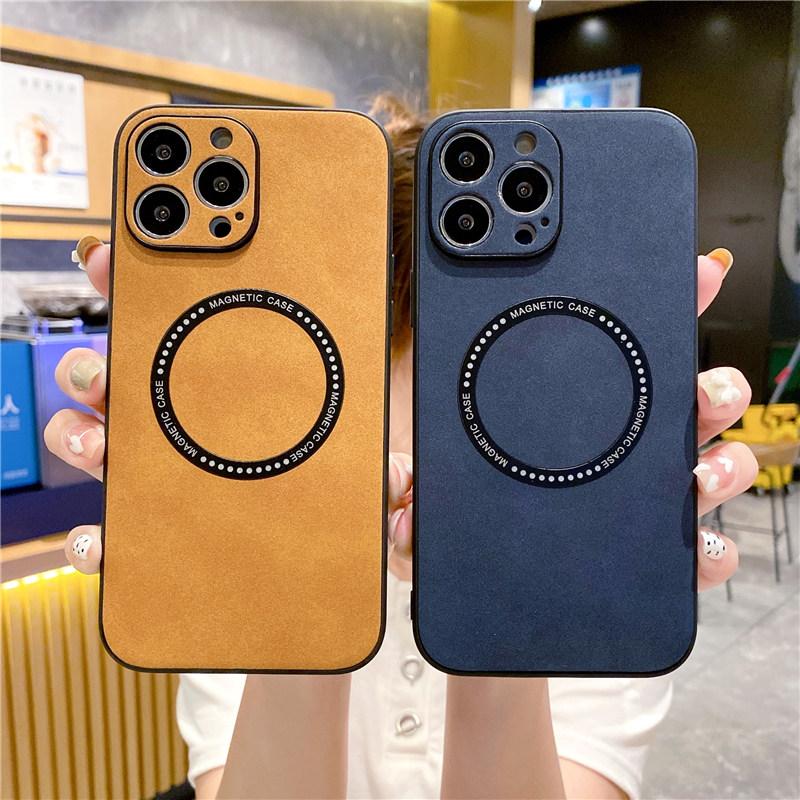 Capa de celular de couro camurça com carregamento sem fio magnético para iPhone 14 13 12 11 Pro Max Xr Xs Max 13pro 14 Plus capa de proteção de lente