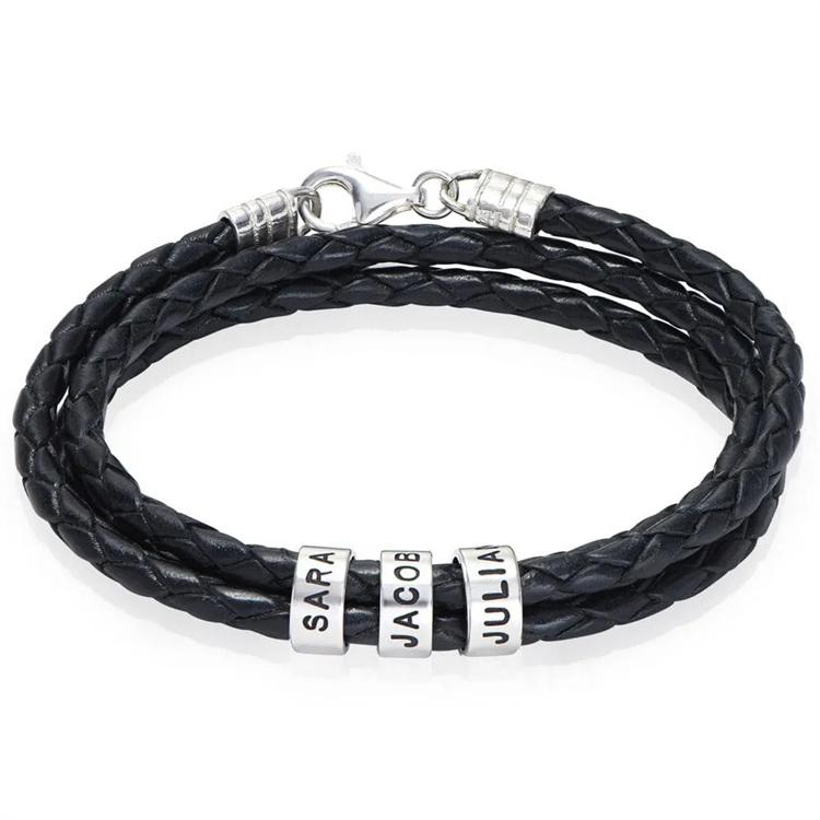 Factory Personalized Leather Bracelet 925 Sterling Silver Custom Name Beads Bracelet for Men